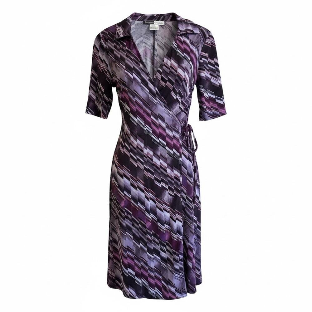 California Concepts Collared Purple Geometric Knee Length Full Wrap Dress Size M